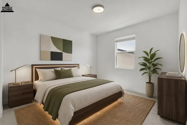 Modern bedroom with green accents and natural light, San Tan Valley, AZ real estate photography