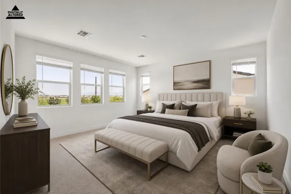 Modern bedroom with large windows and neutral decor, San Tan Valley, AZ real estate photography