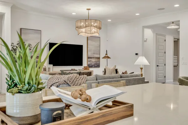 This real estate photography showcases a stylish living room in a Mesa, AZ home, highlighting contemporary design and comfortable furnishings.