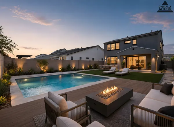 Backyard swimming pool and seating area at sunset, San Tan Valley, AZ real estate photography